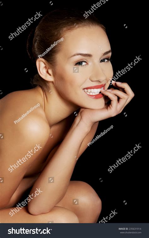 Portrait Smiling Nude Woman On Dark Stock Photo Shutterstock