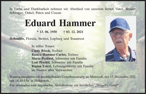 Traueranzeigen Von Eduard Hammer Mittelbayerische Trauer