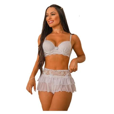 Conjunto De Lingerie Sexy Saia Em Tulle E Renda Noiva De Luxo Bella Essencial Conjunto