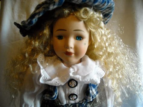 Porcelain Doll With Stand In Blue Flowered Dress Blonde Hair Blue Eyes And Purse Tall