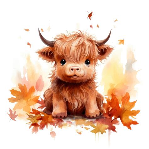 Happy cute baby highland cow in autumn leaves in the watercolor style