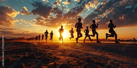 The Black Silhouettes Of Marathon Runners Against The Backdrop Of A