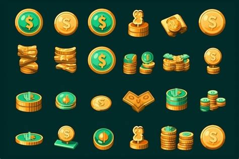 Un conjunto de íconos para un juego con monedas de oro y un signo de