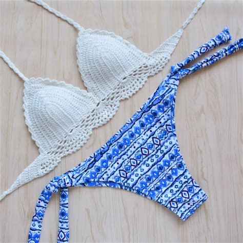 Crochet Bikini Sexy Swimwear Women Halter Handmade Knitting Swimsuit Bathing Suit Brazilian