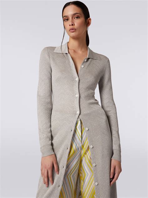 Long cardigan in viscose with tone on tone chevron and lamé Silver