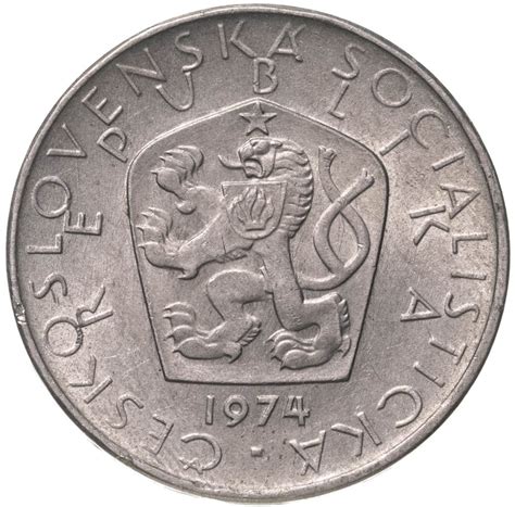 Монета чехословакия 5 крон (korun) 1974 стоимостью 316 руб.