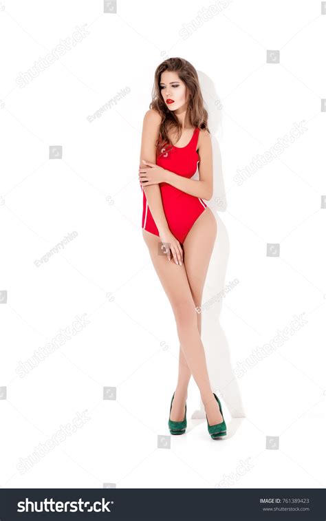 Beautiful Sexy Brunette Woman Red Swimsuit Stock Photo Shutterstock