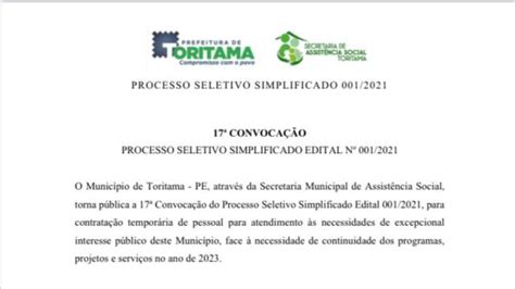 17ª Convocação Processo Seletivo Edital N 001 2021 Prefeitura de