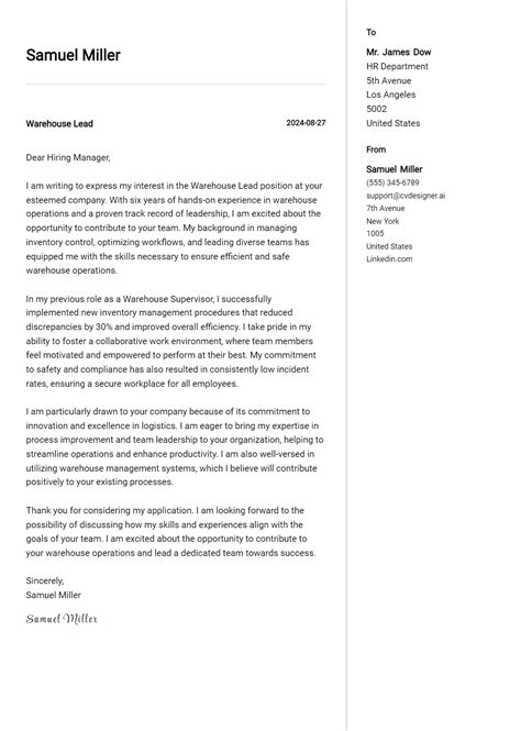 Warehouse Lead Cover Letter Example For 2024 Writing Guide Cvdesigner Ai