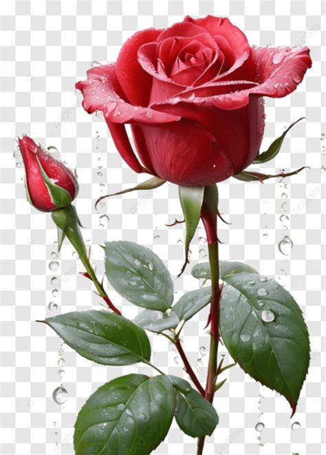 Una Hermosa Rosa Roja En Flor Y Un Capullo Con Gotas De Rocío PNG