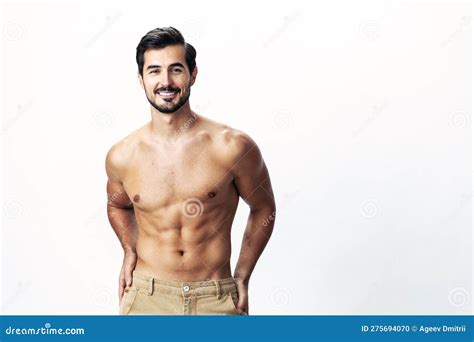 Male Athlete Model With Naked Torso And Packs Of Abs Sporty On White Background Trendy Clothing