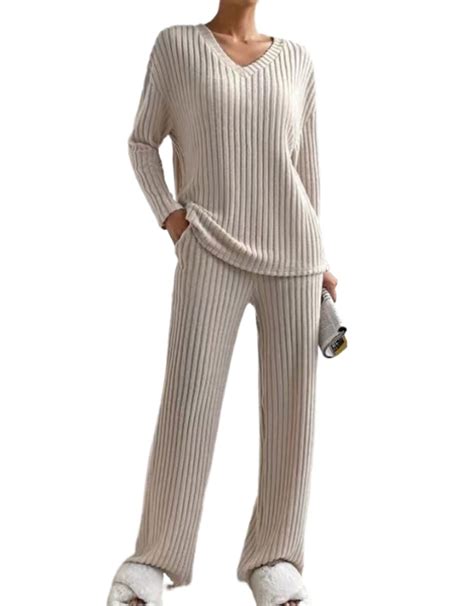 Shermie Women's Lounge Sleepwear Set, Comfy PJs with Ribbed Knit, Long ...