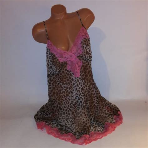 Cacique Intimates Sleepwear Cacique Lingerie Chemise Slip Leopard Pink Lace Trim