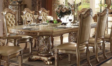 Acme Vendome Piece Double Pedestal Dining Set In Gold Patina