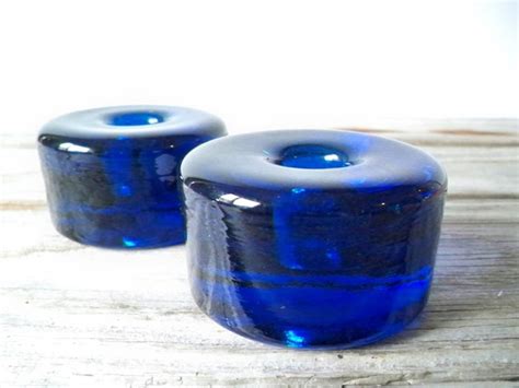 Blue Blenko Glass Block Candle Holders