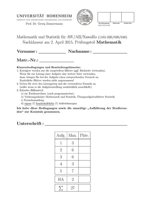 Nachklausur WS 2014 15 Altklausur INSTITUT F UR ANGEWANDTE