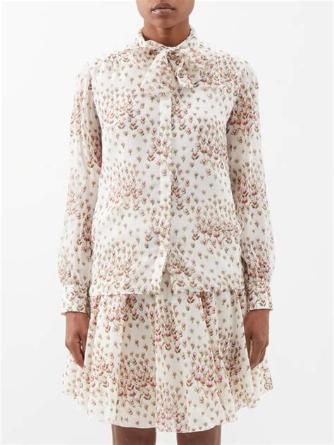 Giambattista Valli Pussy Bow Tulip Print Silk Blouse ShopStyle Tops