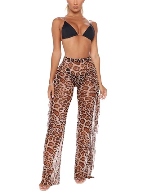 Women S Sexy Ruffle Sheer Mesh Swim Long Pants Bikini Bottom Cover Up Pants Clubwear Pants
