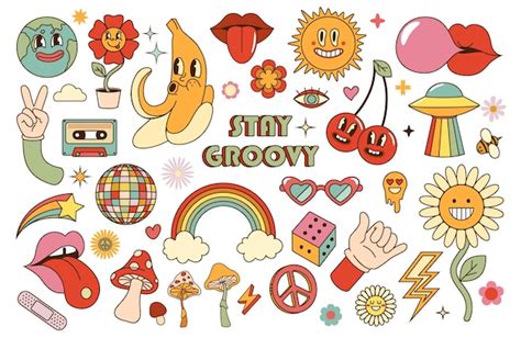 Premium Vector Groovy Sticker Retro 70s Hippie Stickers Psychedelic Groovy Elements Cartoon