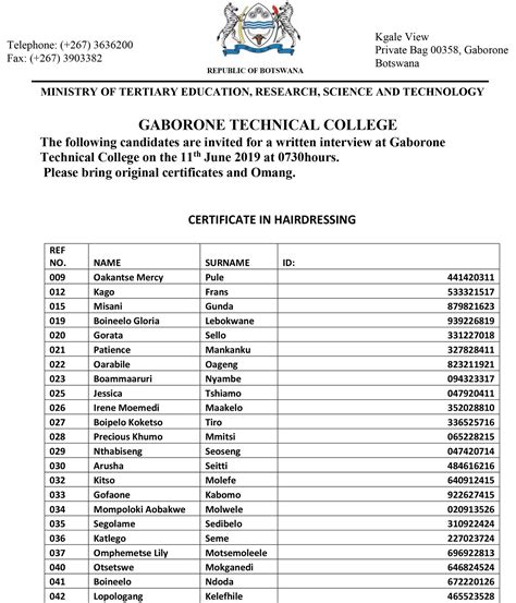 MoTE and Gaborone Technical College invites the following candidates