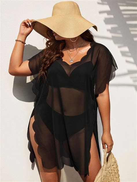 Swim Lushoire Summer Beach Plus Split Thigh Scallop Trim Cover Up Dress Without Bikini Set