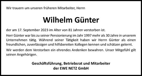 Traueranzeigen von Wilhelm Günter nordwest trauer de