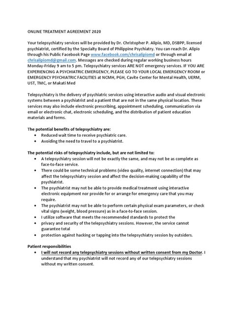 Cpa Telepsychiatry Consent 2020 Pdf Pdf Psychiatry Confidentiality