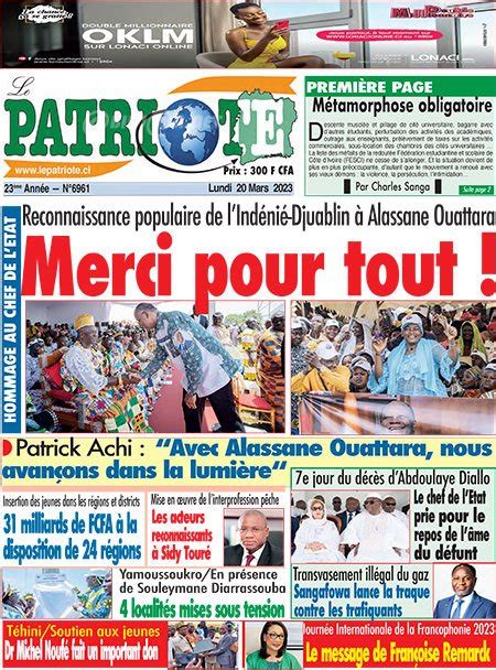 Titrologie De Le Patriote N Du Lundi Mars Abidjan Net