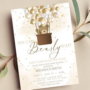 Editable We Can Bearly Wait Baby Shower Invitation Teddy Bear And Hot Air Balloon Brown And Gold