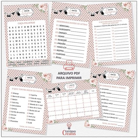 Kit 6 Brincadeiras de Chá de Lingerie Preto e Rosa Nude Estúdio Creatus