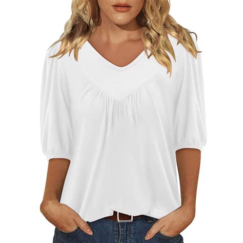 Hot Days Bold Styles Olyvenn Womens Puff Half Sleeve Summer Tunic Tops Casual Chest Pleated