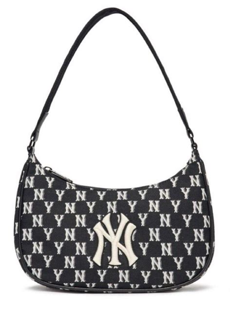 Mlb Monogram Jacquard Hobo New York Yankee Black Baguette Shoulder Bag