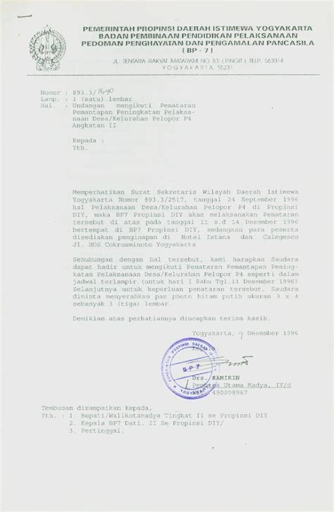 Surat Dari Kepala BP 7 Daerah Istimewa Yogyakarta Drs Samirin Kepada