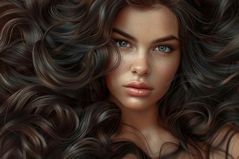 Brunette Girl With Long And Volume Shiny Wavy Hair Beautiful Woman