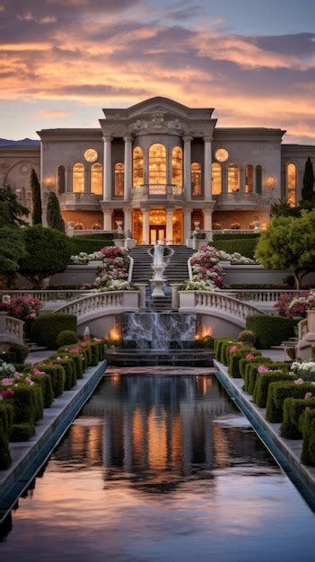 Premium Photo | Large luxury mansion with pool and fountain