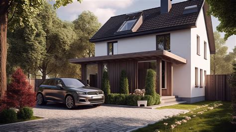 Visualized Home With Lush Garden And Car Stored In Garage Background