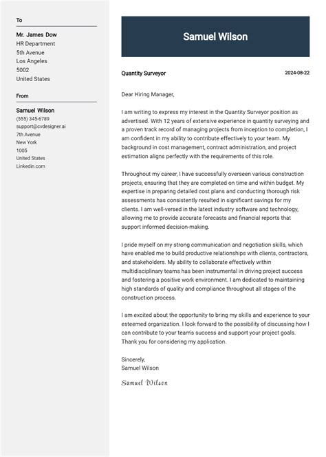 Quantity Surveyor Cover Letter Examples with Writing Tips for 2025