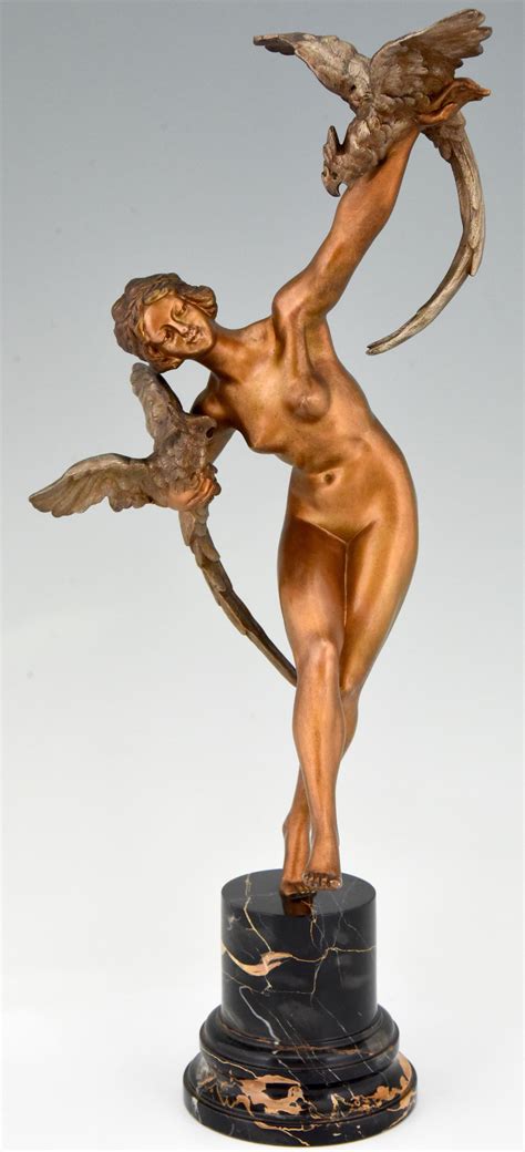 Art Deco Bronze Sculpture Dancing Nude With Parrots Claire Colinet France At StDibs