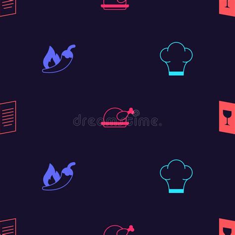 Set Chef Hat Hot Chili Pepper Pod Roasted Turkey Or Chicken And Restaurant Cafe Menu On