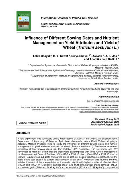 Pdf Influence Of Different Sowing Dates And Nutrient Management On