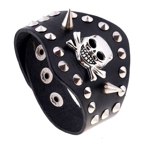 Punk Remache Calavera De Cuero De Vaca Brazalete De Cuero Genuino