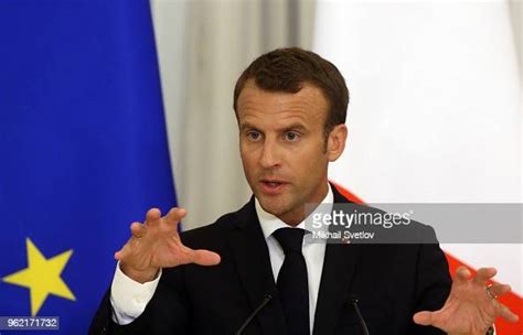 French President Emmanuel Macron speeches during a joint press... News ...