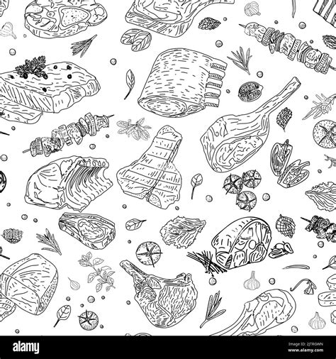 Meat Seamless Pattern Beef Pork Lamb Hand Drawn Vector