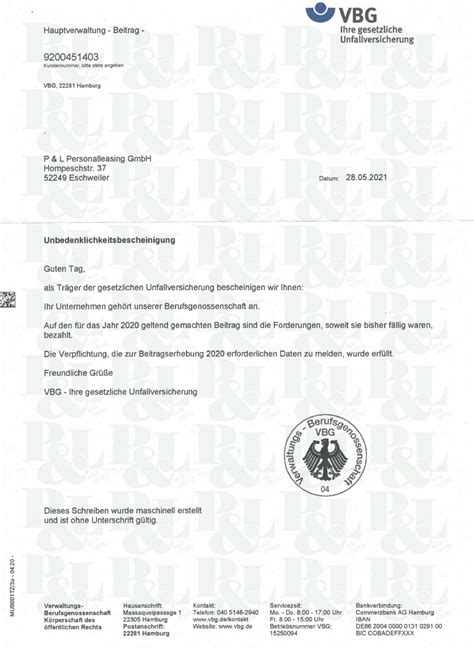 Bescheinigungen P L Personalleasing GmbH