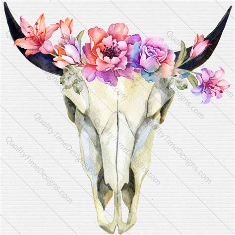 Watercolor Boho Floral Cow Skull Transparent Image Featuring Orange