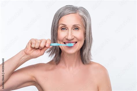 Portrait Of Attractive Nude Healthy Woman Brushing Teeth Fresh Breath Anti Caries Isolated Over