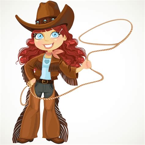 Premium Vector Brunette Curly Hair Cowgirl With Lasso Isolated On