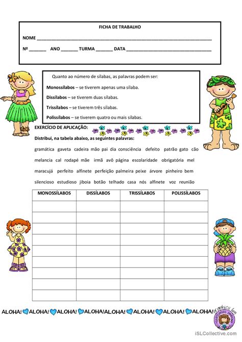 Classificação Das Palavras Quanto Ao Número De Sílabas Atividades