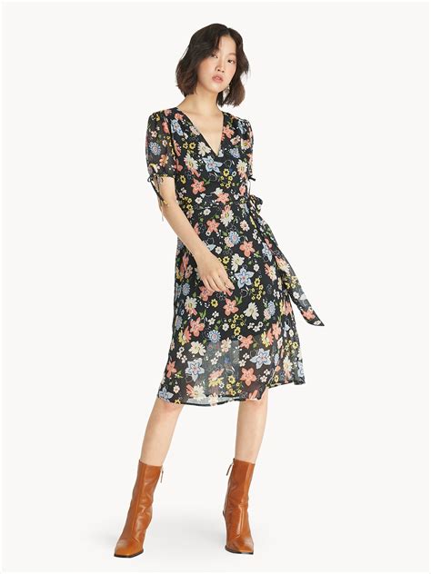 Semi Sheer Wrap Floral Dress Black Pomelo Fashion