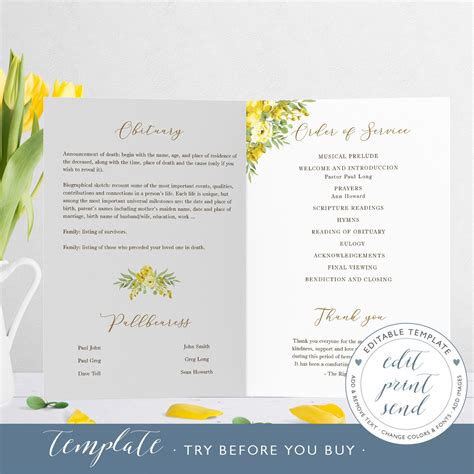 Yellow Roses Funeral Program Template, Celebration of Life Floral